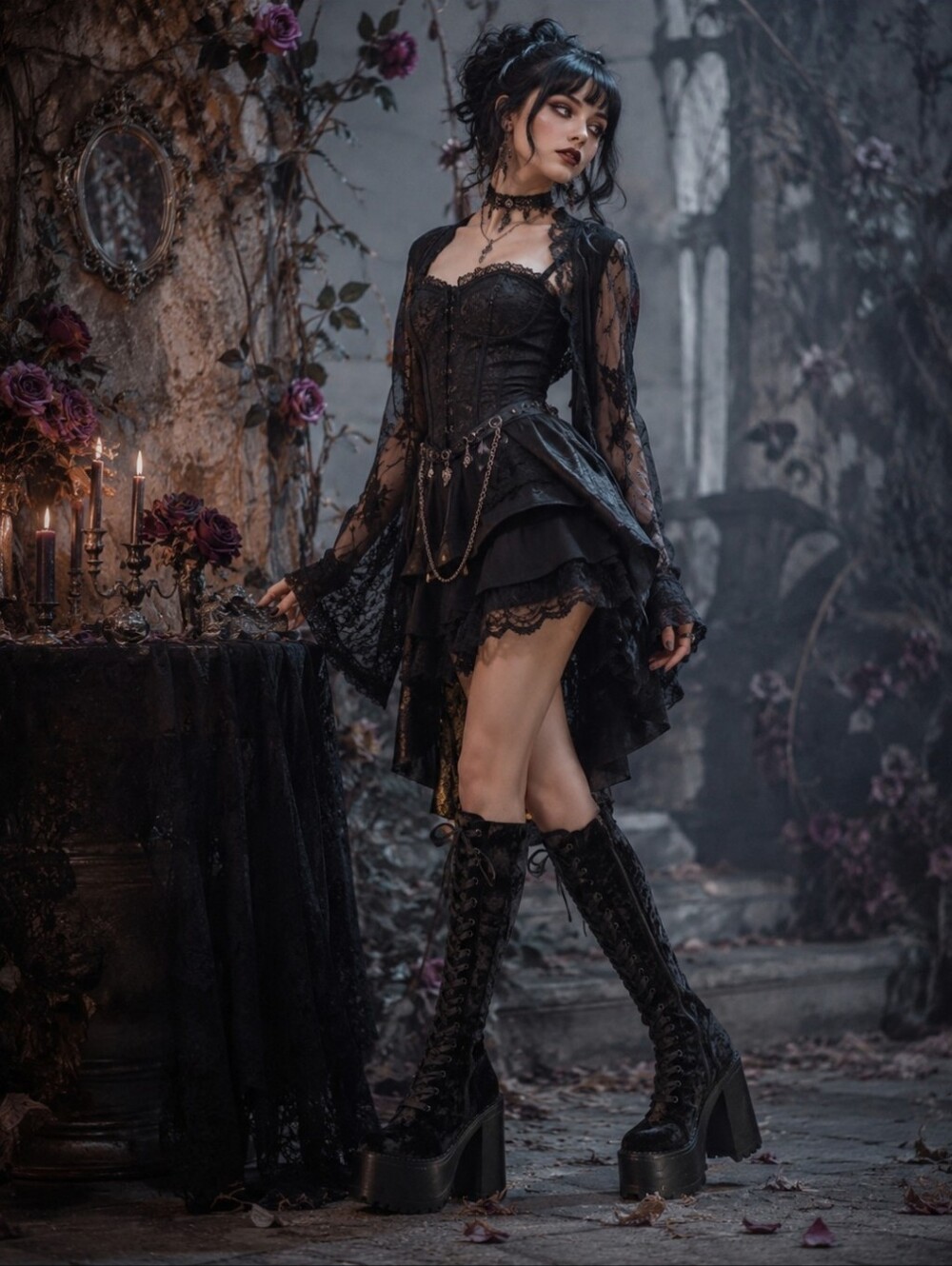 New Dolls Kill Black Velvet Knee High Lace Up Platform Boots, Size 7